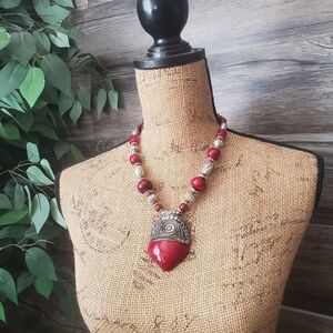 Red Beaded Pendant Statement Necklace Silver and Red